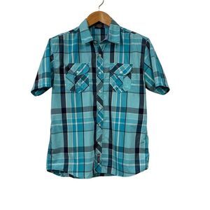 Southpole Mens Plaid Button Shirt L Blue Teal Short Sleeve Streetwear Casual